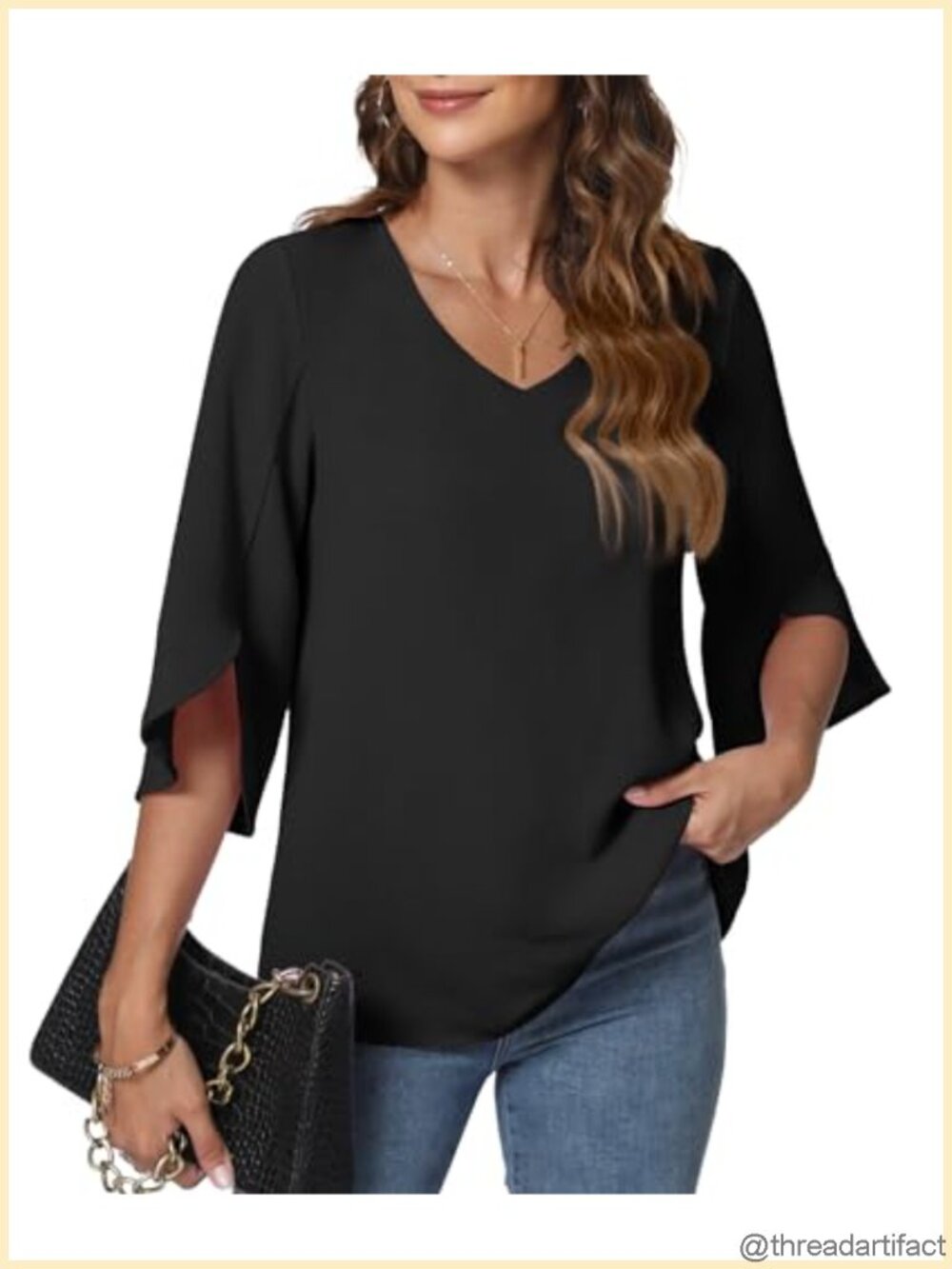 Women's 3/4 Bell Sleeve V-Neck Blouse Pleated Back Work Top